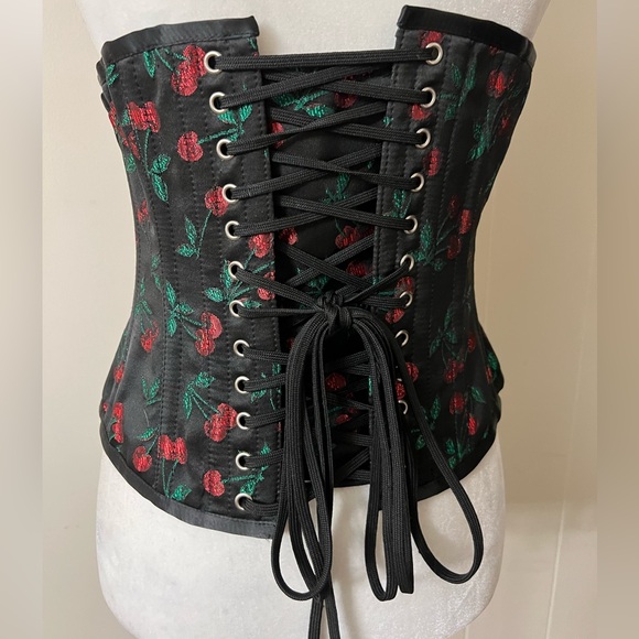 Cherry brocade underbust corset sexy black & red lace up back EUC - Picture 4 of 12